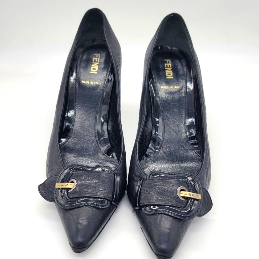 Fendi Black Leather& Patent Accent "B" Buckle Logo Pumps/Heels Pumps